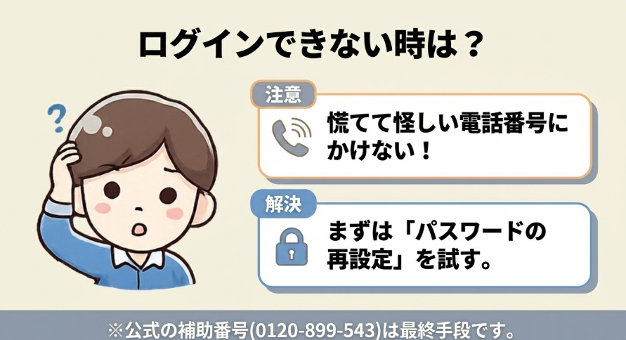 Amazonにログインできない時は怪しい電話番号にかけずパスワード再設定を試す流れを説明する図