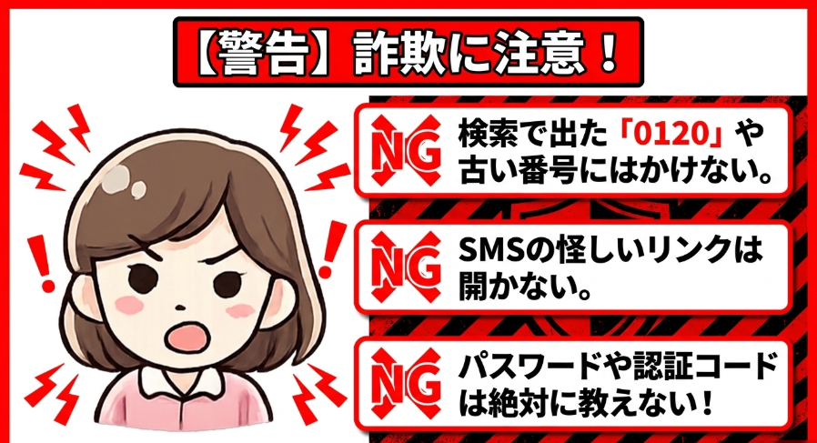 Amazonを名乗る詐欺電話やSMSで古い番号や怪しいリンク、認証コード要求に注意する警告画像