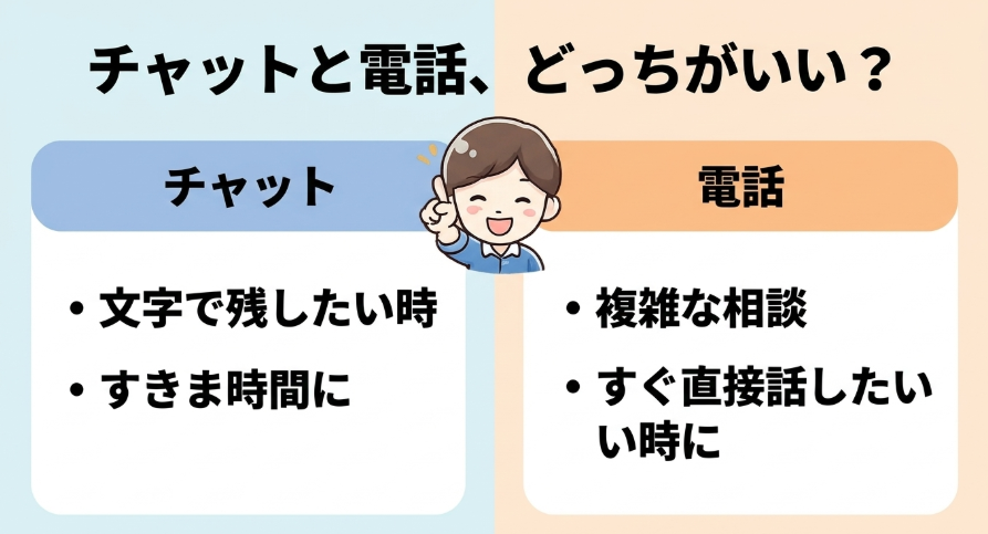 Amazon問い合わせでチャットと電話リクエストを状況別に使い分けるポイントをまとめた図