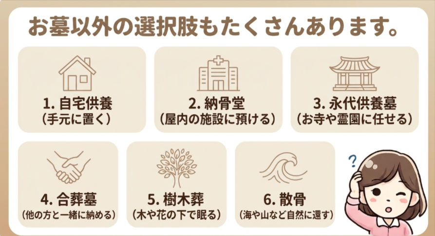 自宅供養・納骨堂・永代供養墓・合葬墓・樹木葬・散骨の6つの供養方法を一覧で示すスライド