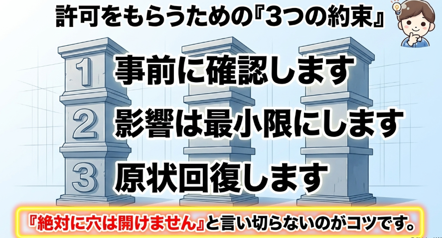 NURO光の工事許可を得るために事前確認、影響最小限、原状回復を伝えることが大切と示すスライド