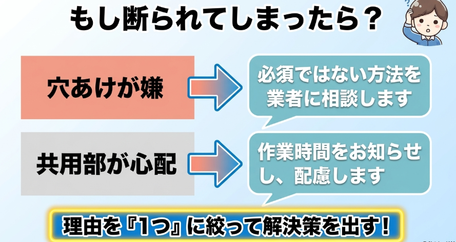NURO光の賃貸工事を断られた時は穴あけや共用部など理由を1つに絞って解決策を出すことを示す図解