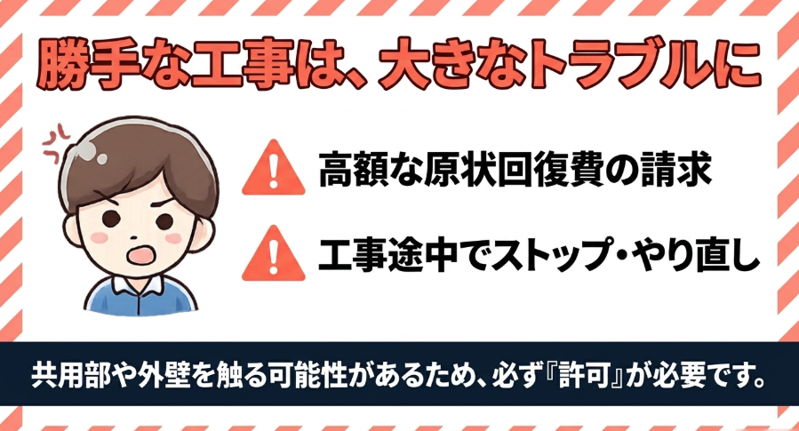 賃貸でNURO光を無断工事すると原状回復費や工事中止などのトラブルにつながることを説明するスライド